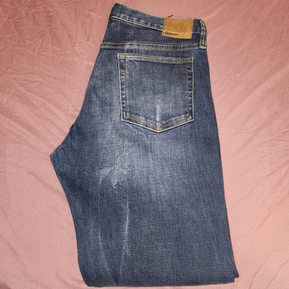 Gap 1969 Gap For Good Slim Fit Jeans Mens 33x32 Medium Dark Wash Distressed